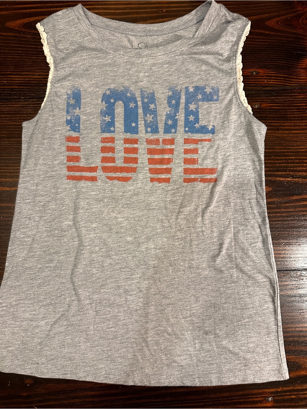 L.O.L. Vintage Gray Tank with Red & Blue LOVE Print